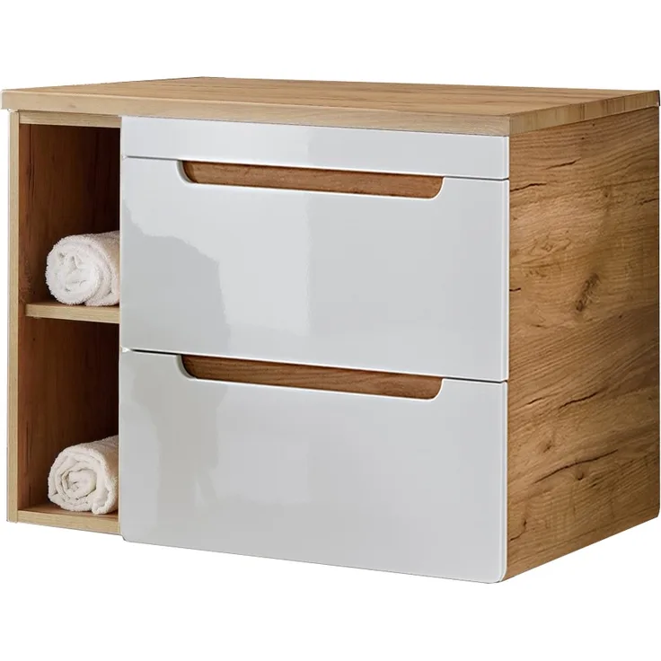 Waschtisch-Unterschrank 81 cm LUTON-56, Hochglanz weiß mit Wotan Eiche Nb, B/H/T ca. 81/61,5/46 cm