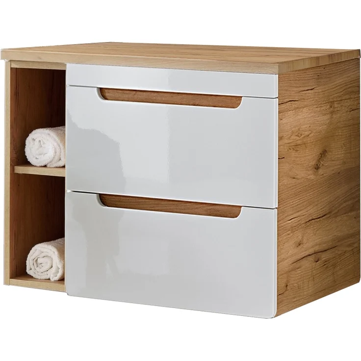 Waschtisch-Unterschrank 81 cm LUTON-56, Hochglanz weiß mit Wotan Eiche Nb, B/H/T ca. 81/61,5/46 cm – Bild 1