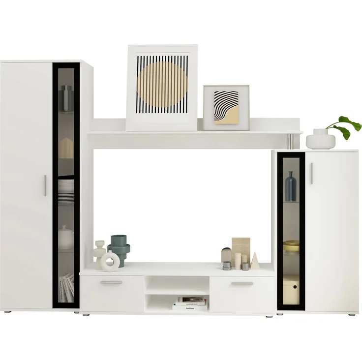 Wohnwand Bentley, ohne Beleuchtung, Farbe: Weiß / Weiß + Schwarz Glas