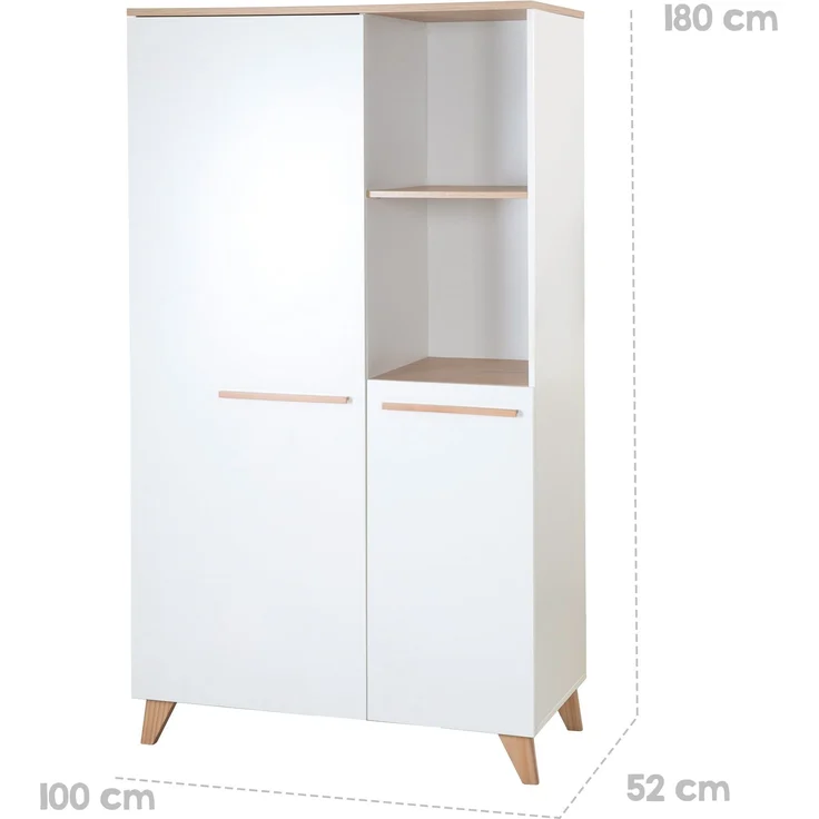 roba Kinderkleiderschrank 2-türig Leon - Hochwertige Griffe & Füße aus massivem Holz - Schrank mit zwei offenen Fächern - Weiß / Dekor Othello Eiche – Bild 9