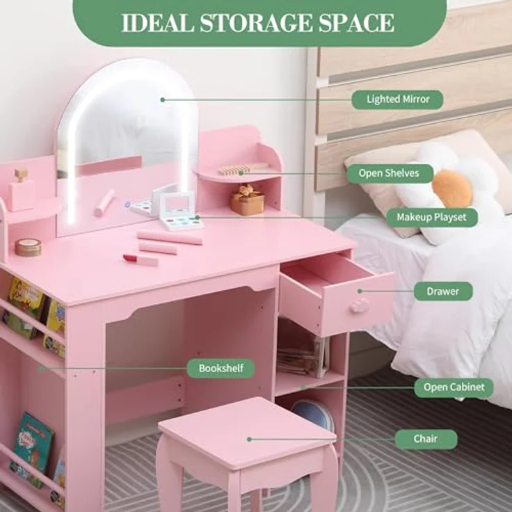 GarveeLife Schminktisch für Kinder mit Hocker und LED-Spiegel, Kleiner Schminktisch mit Schublade und 1 offenen Fächern, für Mädchen von 3 – 6 Jahren, Rosa, inklusive Zubehör – Bild 9