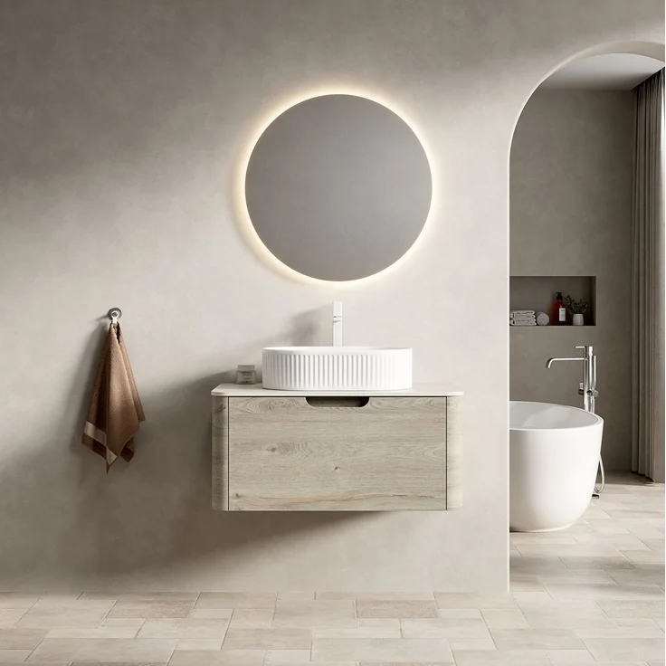 Badezimmer-Waschtisch 80 cm mit ovalem Keramikbecken, Sintersteinplatte und Soft-Close-Schublade – Bild 3