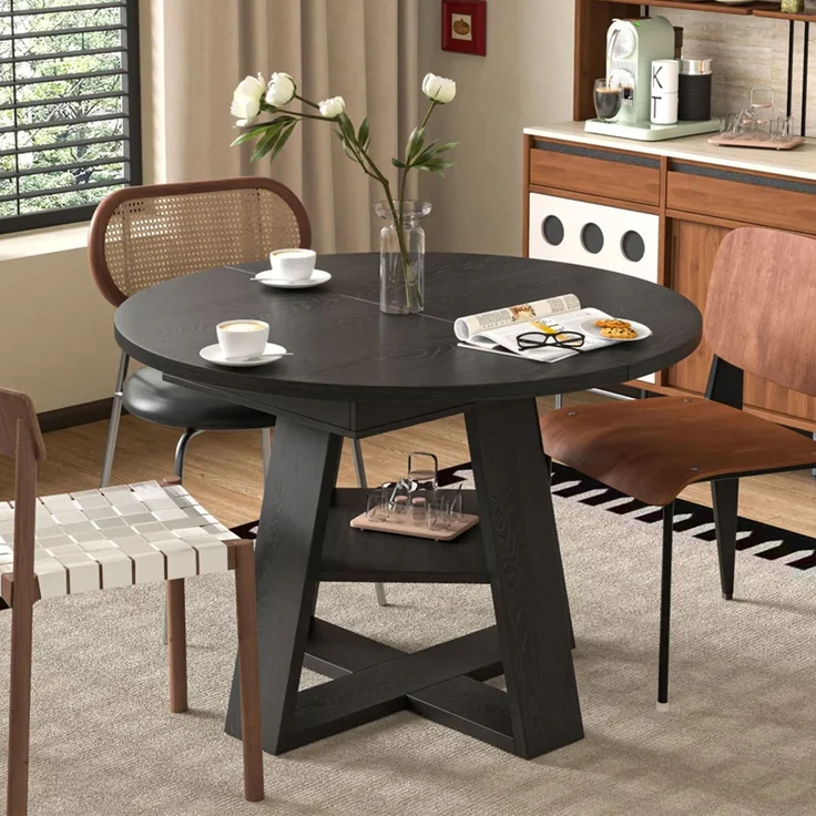 Esstisch ausziehbar, Ø 110 cm, ausgezogen B 150 x T 110 x H 75 cm, MDF in Schwarz mit Ablage – Bild 4