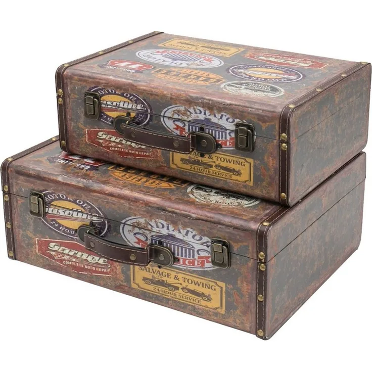 HMF Aufbewahrungsbox Vintage Koffer Holz, Aufbewahrungsbox mit Deckel und Ledergriff als (2er Set), Geschenkidee für Hochzeit oder Geburtstag, Garage, 38 + 44 cm
