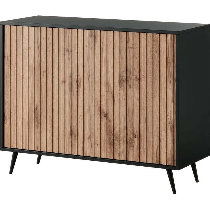 Selsey Bello - Kommode in Schwarz und Wotan Eiche mit Lamellen, goldene Beine, 104 cm breit – Bild 1