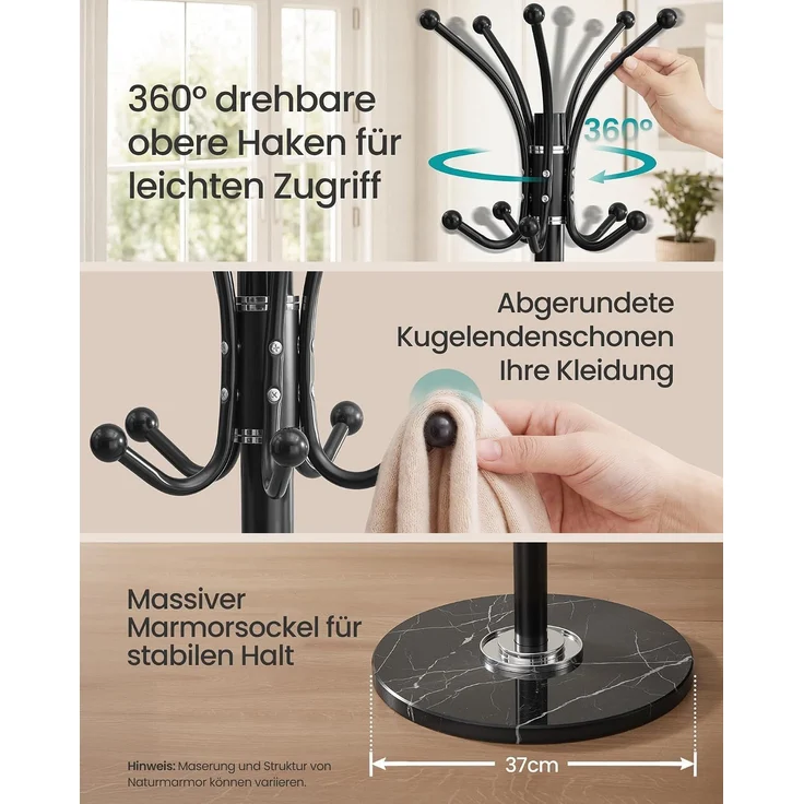 SONGMICS Garderobenständer mit Schirmständer und Marmorfuß, 18 Haken, Drehbares Oberteil, 38 x 38 x 178 cm, Schwarz – Bild 4