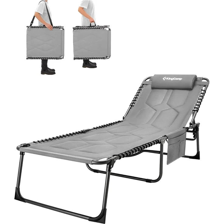KingCamp Übergroße Sonnenliege Klappbar 5-Fach Verstellbar Gartenliege Liegestuhl Dreibeinliege Liege Campingliege mit Kopfkissen und Seitentasche bis 150 kg für Garten Urlaub Strand Pool 200x68 cm – Bild 1
