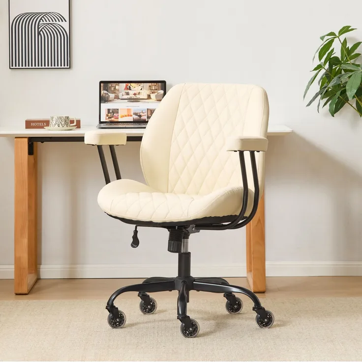 Bürostuhl aus Leder mit Federkern-Sitz & verstellbarer Neigung, 62x62x96 cm, Creme
