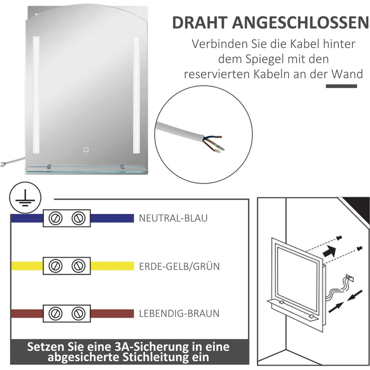Badezimmerspiegel mit LED-Beleuchtung, elegant und hochwertig, Glas, Aluminium, Kunststoff, 50L x 12B x 70H cm--Silber--70x12x50cm--YOUDENOVA – Bild 8