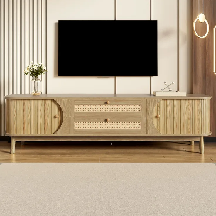 TV-Schrank im Landhausstil mit Rattan, 170x39,5x46 cm, Natural, für TVs bis 59 Zoll