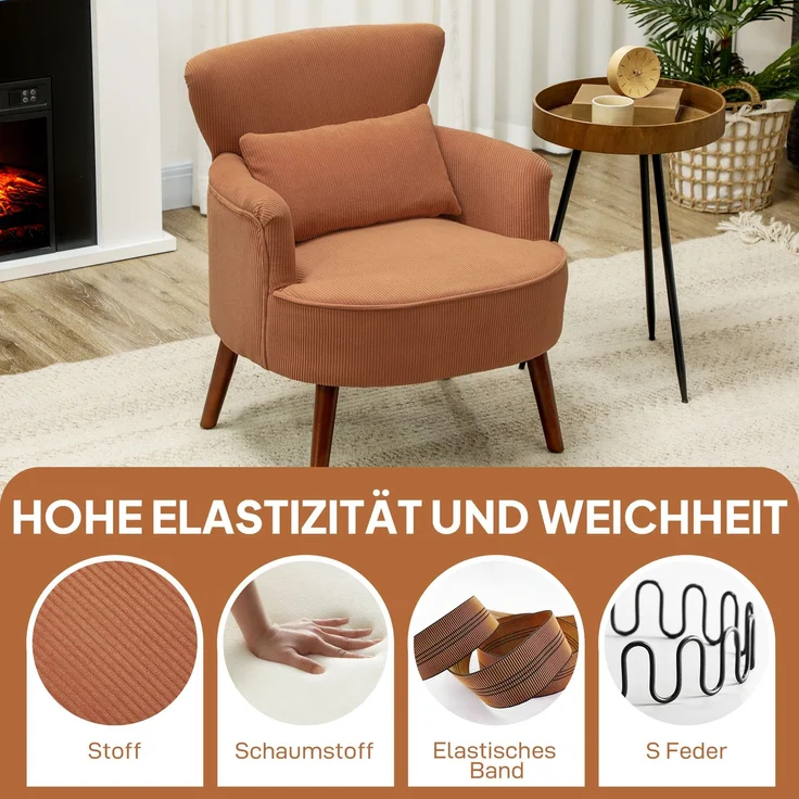 MELAYR, Moderner Armlehnstuhl, Gepolsterter Akzentstuhl mit Lendenkissen, Kautschukholzbeinen, Orange, 69.5 x 69 x 78 cm – Bild 6