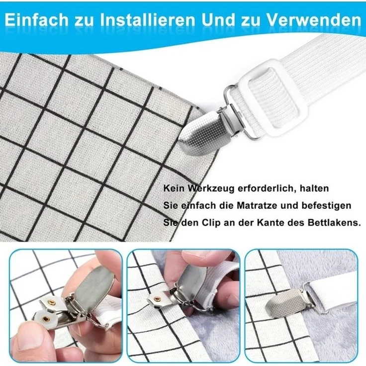 FELIXLEO Spannbettlaken Bettlakenspanner 8 Stück Elastisch mit Metallclips Weiß, (8 Stück) – Bild 4