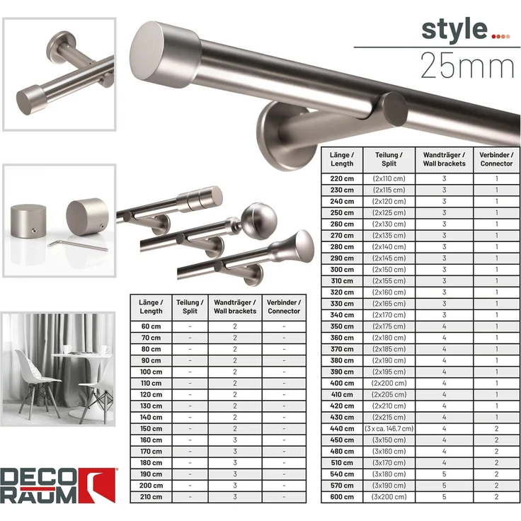 Deco-Raum® Gardinenstange 1-lauf 25mm Kappe | Länge: 220cm | Material: Metall | Farbe: Edelstahl-optik – Bild 4