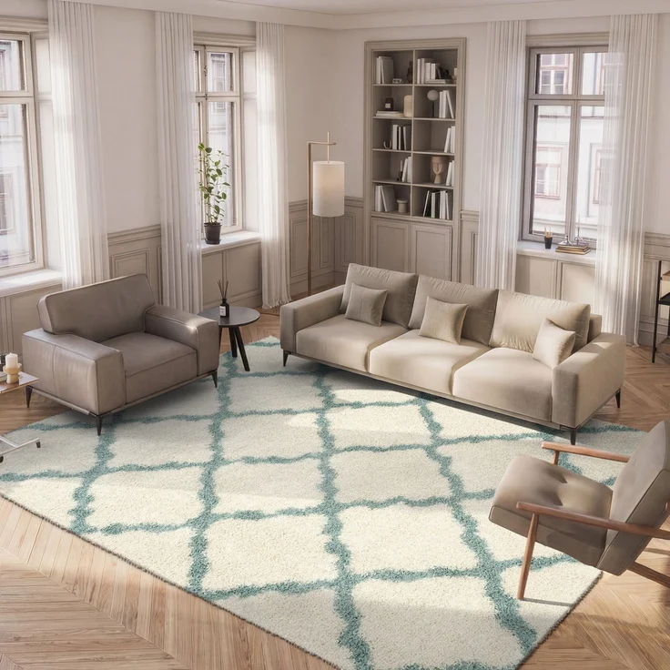 SAFAVIEH Zottelig Teppich für Wohnzimmer, Esszimmer, Schlafzimmer - Dallas Shag Collection, Hoher Flor, Elfenbein und Hellblau, 155 X 229 cm