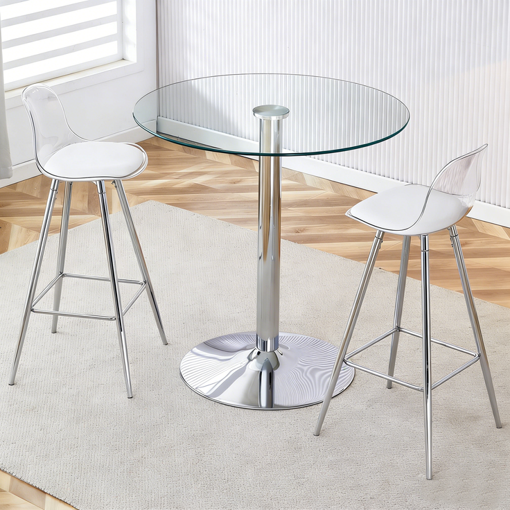 Flexibles Bar-Set: Runder Glastisch mit 89 cm Durchmesser + 2 Barhocker mit silbernen Beinen.• Transparente Optik • Vielseitig einsetzbar •Schafft visuelle Weite und spart Platz, Flexibles Bar-Set: Runder Glastisch mit 89 cm Durchmesser + 2 Barhocker m... – Bild 5