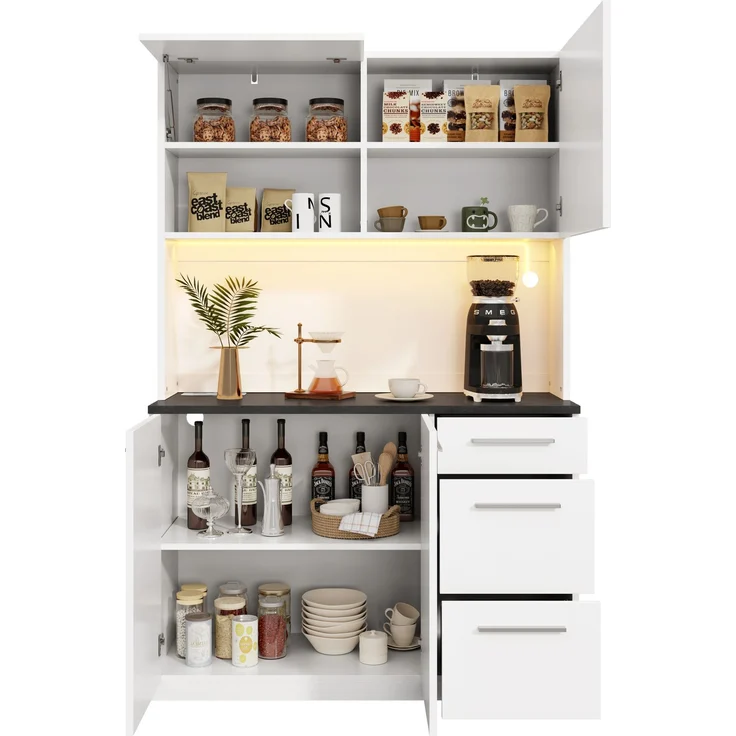 Buffetschränke, Esszimmer-Hochschrank 120×40×180 cm, mehrstufigem Stauraum, integrierter Steckdose sowie USB-C- und USB-A-Anschlüssen,Mit farbigem Lichtstreifen, Weiß – Bild 11