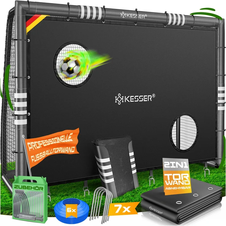 KESSER® Fußballtor für Garten robustes Outdoor Training Schusstraining UV-beständigem Netz, Stahlrahmen mit Polsterung, Erdhaken, Luftpumpe, Hüttchen, Montagezubehör für Kinder und Erwachsene Anthrazit, 300cm, mit Torwand