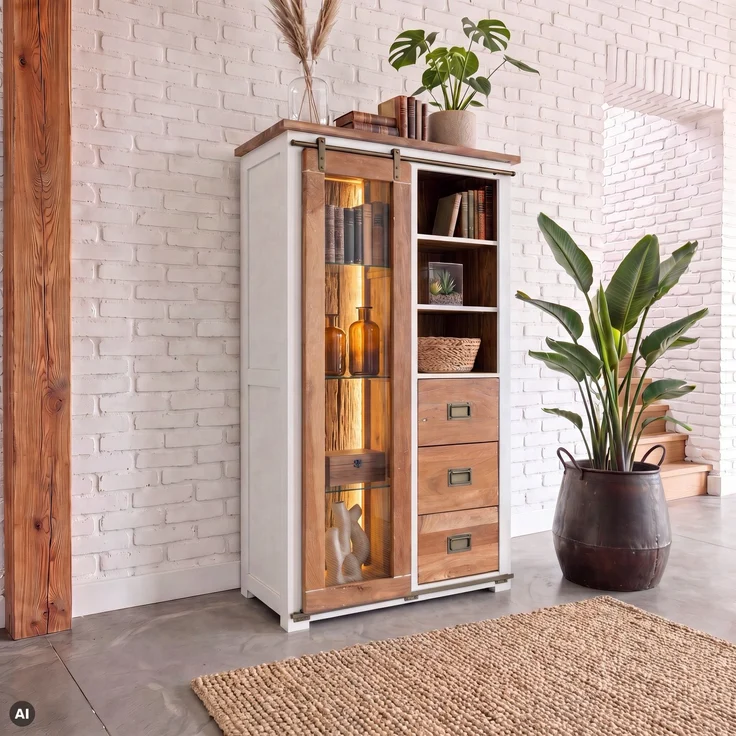 Vitrine Mango / Altholz 100x45x175 weiß lackiert RAILWAY LUX #525 – Bild 2