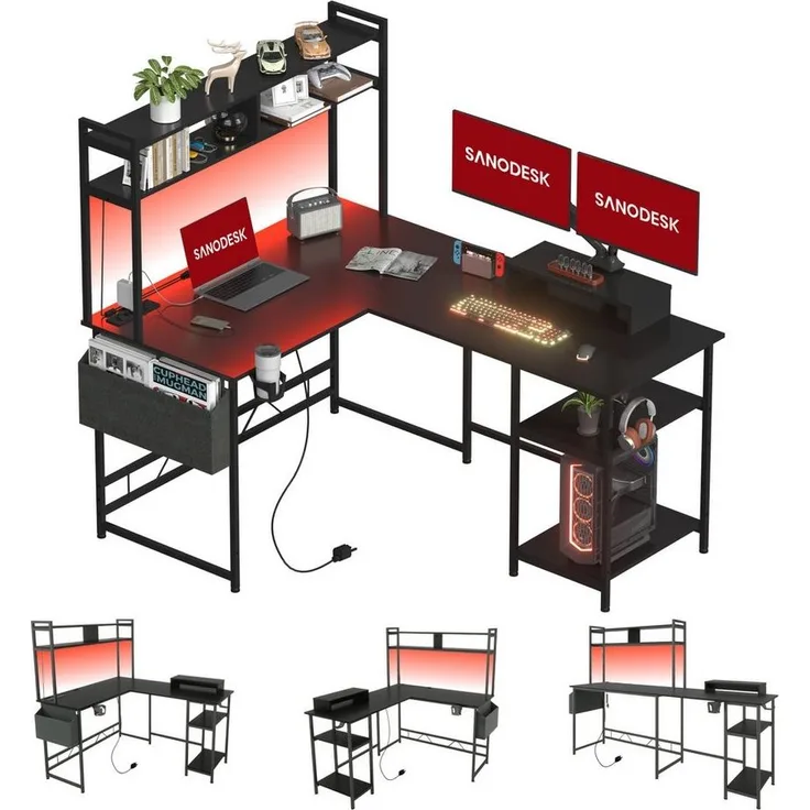 SANODESK Computertisch Gaming Tisch L-Form Schreibtisch Jugendschreibtische (L-förmiger Schreibtisch, mit Regal), mit LED-Beleuchtung, 2 Steckdosen & 2 USB-Anschlüsse