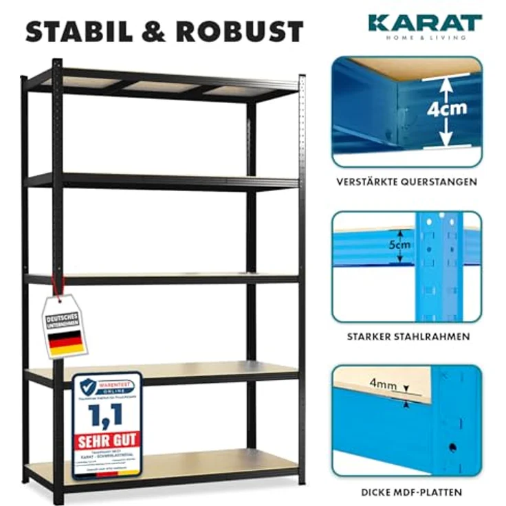 KARAT Schwerlastregal, 2er Set, 30 x 75 x 150 cm Steckregal, Kellerregal, Lagerregal - TÜV/GS-geprüft - 5 verstellbare Böden (Schwarz) – Bild 4