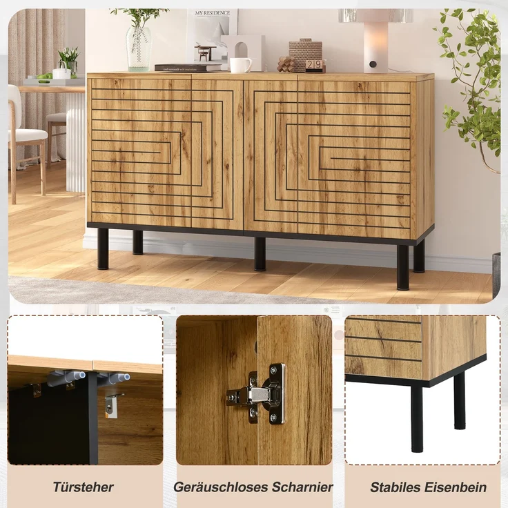 Merax Sideboard mit Wellenmuster, 3 Türen mit Rückprallmechanismus, MDF Aufbewahrungsschrank, Küchenschrank, Aufbewahrungsschrank, Holzfarbe – Bild 6