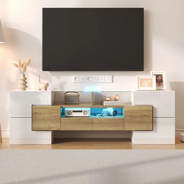 TV-Schrank 145 cm Hochglanzweiß und Holz mit LED-Beleuchtung, 6 Türen, 2 Schubladen, 3 offene Fächer – Bild 7