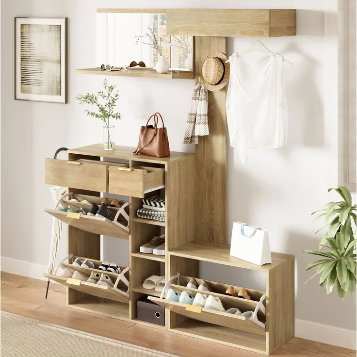 Garderobenset 4-teilig mit Schuhschrank, Sitzbank und Spiegel, 130x30x174 cm, Natur – Bild 2