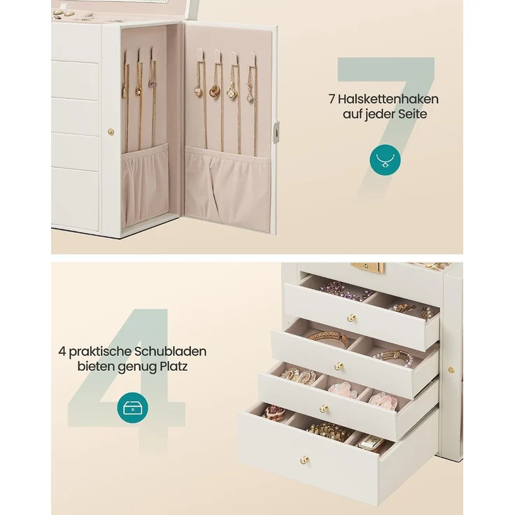 SONGMICS Schmuckbox mit 5 Ebenen, Schmuckkasten, mit Innenspiegel, abschließbar, weiß – Bild 6