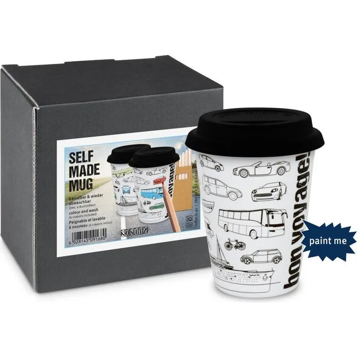 Könitz Colouring Travel Self Made Mug, Tasse, Becher, Kaffeebecher, mit 6 Stiften, Porzellan, 380 ml, 11 5 162 2265