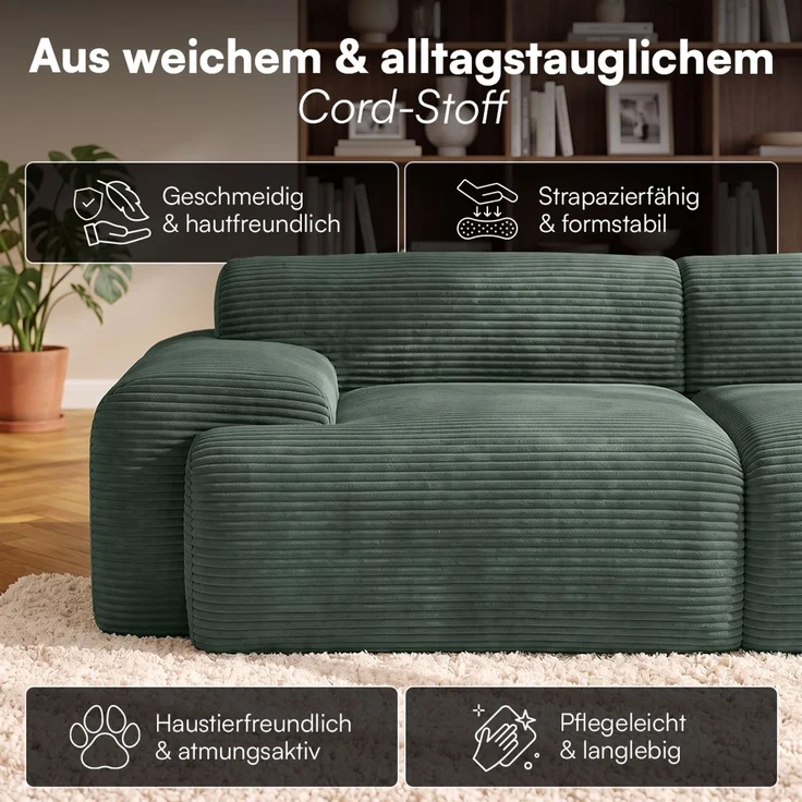 skølm 'Menja' Sofa 3-tlg mit Hocker, 3er Sitz mit 3 Kissen, Cord dunkelgrün, Vollschaumcouch mit Federkern und Vakuum-Kompression, kein Aufbau erforderlich – Bild 7