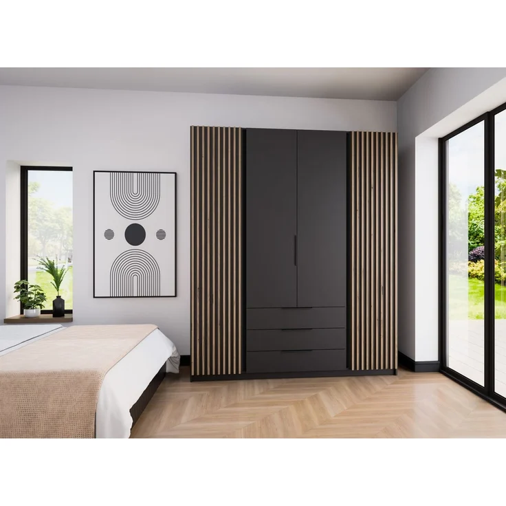 Selsey 'Kaja' Kleiderschrank 4-türig mit Lamellen & 3 Schubladen, schwarz, ca. 239 x 200 x 62 cm – Bild 2