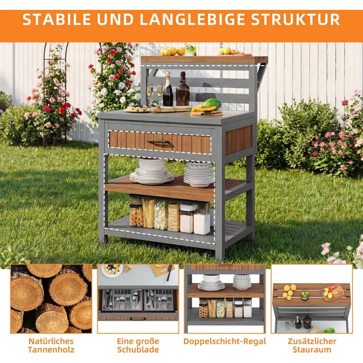 Merax Gartenschrank Holz Outdoor wetterfest Geräteschrank, Outdoor-Schrank mit Edelstahl-Arbeitsplatte & großer Schublade, Grillstation mit doppelter Ablage, kippsicheres Design – Bild 3