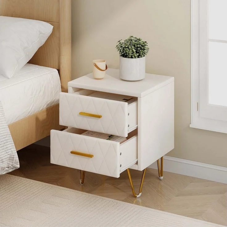 FUROKOY Nachttisch 2er set Nachtschrank mit Schubladen, Beistelltisch mit Metallbeine (Sofatisch Beistelltisch mit 2 Schubladen, Beige PU), Schubladenschrank für Schlafzimmer Flur Wohnzimmer, 41 x 35.5 x 51 cm – Bild 3