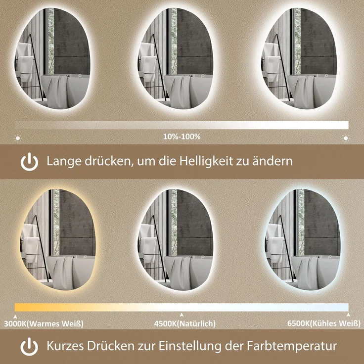 MELAYR, 70 x 50 cm Asymmetrischer Badspiegel mit LED-Licht, Smart Touch Schalter, Anti-Beschlag-Funktion, Silber – Bild 6