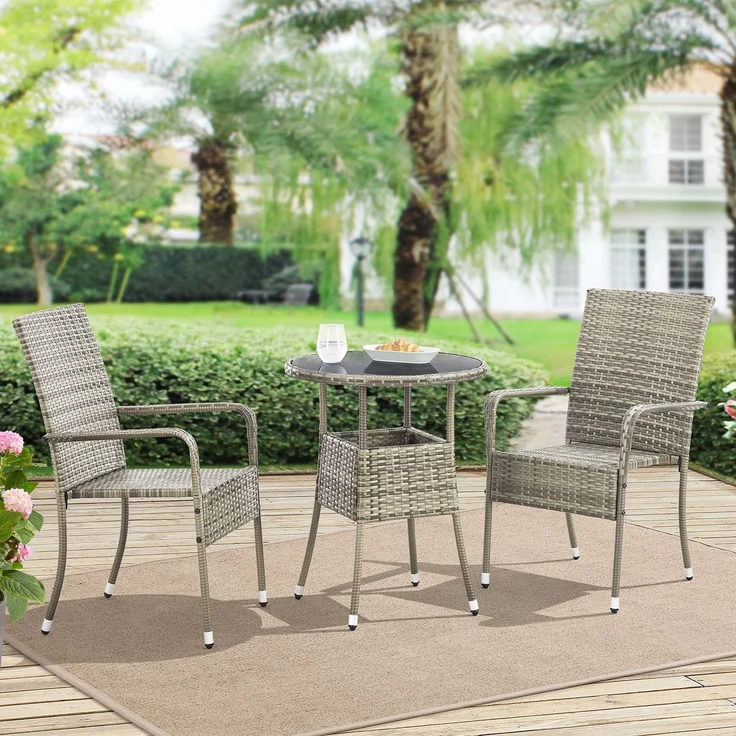 Juskys Polyrattan Gartentisch Yoro wetterfest - Balkontisch Ø 60 cm rund - Rattan Beistelltisch mit Glasplatte - kleiner Tisch für Balkon - Grau – Bild 1