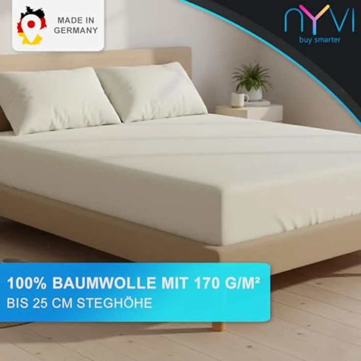NYVI Feinbiber Spannbettlaken Deluxe, 100% Baumwolle, extra warm & weich, für Matratzen bis 25 cm Steghöhe, bügelfrei, vorgekrumpft, 90x200 cm, 2er Set, Weiß – Bild 2