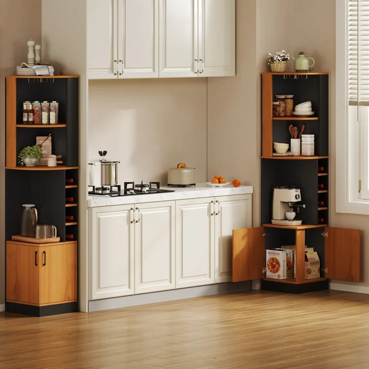 Eck-Weinschrank aus MDF mit Weinglasregal, Weinfächern und Kippsicherung, 40x40x182 cm, Schwarz – Bild 7