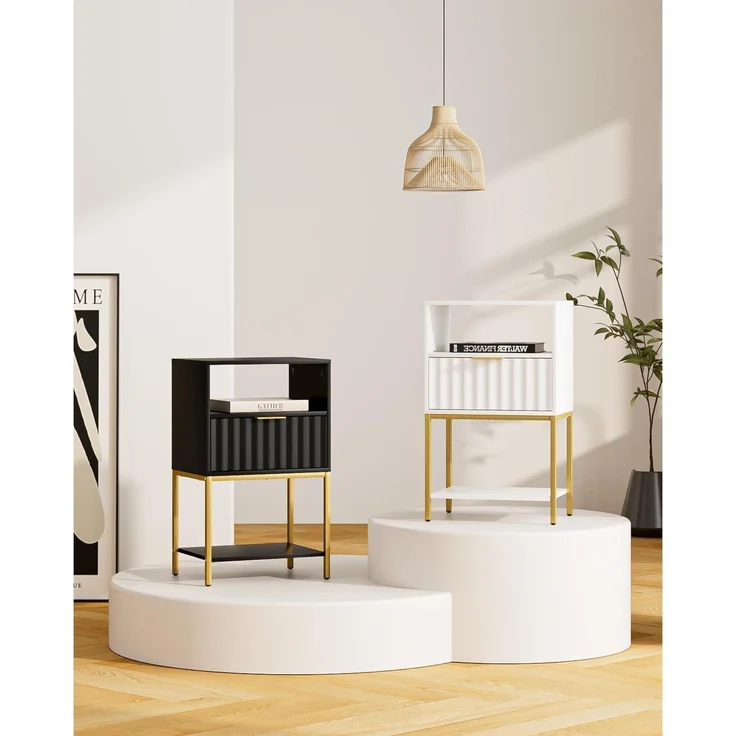 HEYZOEY Nachttisch 3-Tier Schwarz Goldrahmen Endtisch Fernsehtisch – Bild 8