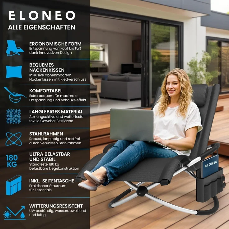 ELONEO Gartenliege Schaukelliege Outdoor mit Tasche, Strandliege klappbar bis 180 kg, Schaukelsessel, Liegestuhl wetterfest, Sonnenliege für Garten & Balkon – Bild 3