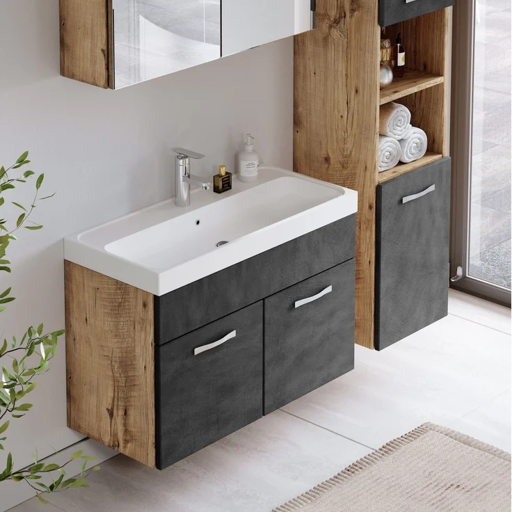 Badplaats Badmöbel Komplettset Paso LED 80 x 40 cm Kastanien Eiche mit Dunkel Grau - Badezimmermöbel mit Waschbecken, Spiegelschrank und Badezimmerschrank – Bild 4