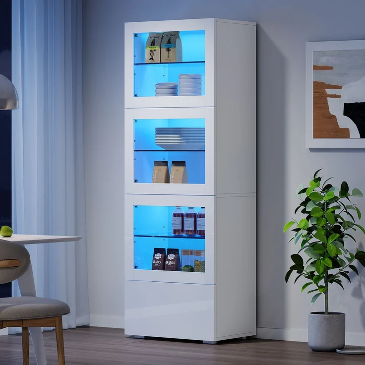 60*40*173cm Schrank,Vitrine ausSchranktür aus Acryl, Vitrine Hochglanz Lagerschrank mit LED-Beleuchtung, 3 Glasboden, Highboard, Wohnzimmerschrank, Aufbewahrungsschrank, Hochschrank, Sofaschrank,Weiß – Bild 2