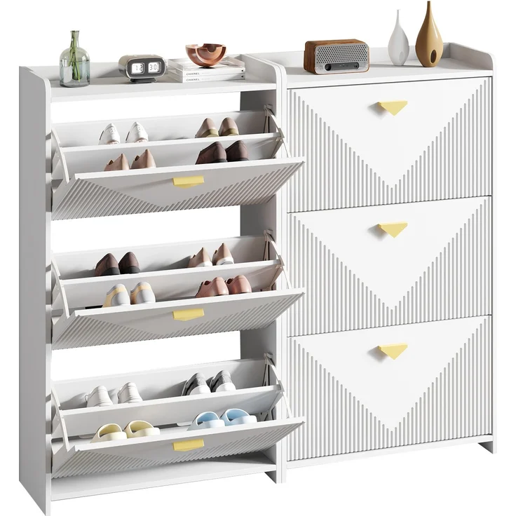Schuhschrank Set 2-teilig 140x30x120 cm Weiß 3 Klapptüren verstellbare Trennwände gold Griffe – Bild 6