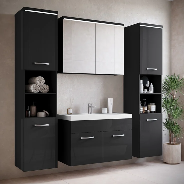 Badplaats Badezimmerschrank Paso 35 x 35 x 160 cm Schwarz Hochglanz - Hoch Badschrank Mit 2 Türen – Bild 3
