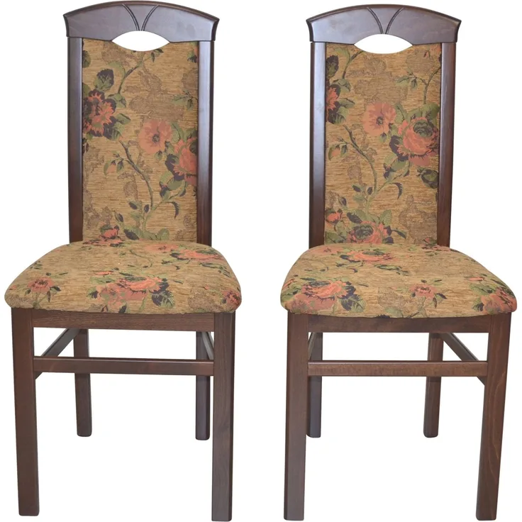 Massivholz Esszimmerstuhl "Alice"im 2er-Set, Nussbaum, Stoff braun mit Blumendessin