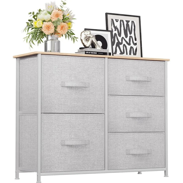 YITAHOME Kommode,Kommode mit 5 Schubladen,Schrank,Stoffschubladen mit Griffen,Metallgestell,für Wohnzimmer Flur Schlafzimmer,Dauerhaft,Hellgrau – Bild 1