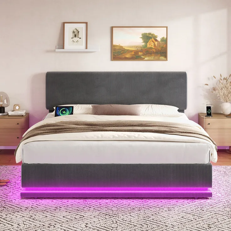 Polsterbett Cord mit LED & USB-Anschluss, 141x207x102-112 cm, Dunkelgrau, ohne Matratze