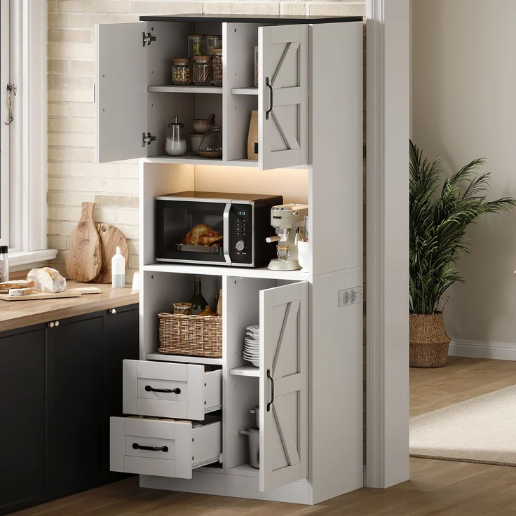 Hochschrank 72x40x173 cm in Weiß, mit LED, Steckdosenleiste, 2 Schubladen und Schiebetüren – Bild 3