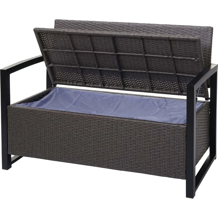 MCW Poly-Rattan 2er Sitzbank F39, grau-meliert mit Kissen, 150L Staufach, wasserabweisend, pulverbeschichtetes Stahlgestell