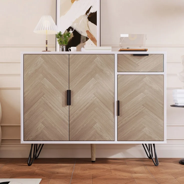 Merax Moderner Aufbewahrungsschrank, Sideboard in Weiß und Holzoptik mit Schublade und höhenverstellbaren Einlegeböden (90 x 30 x 71,5 cm) – Bild 1