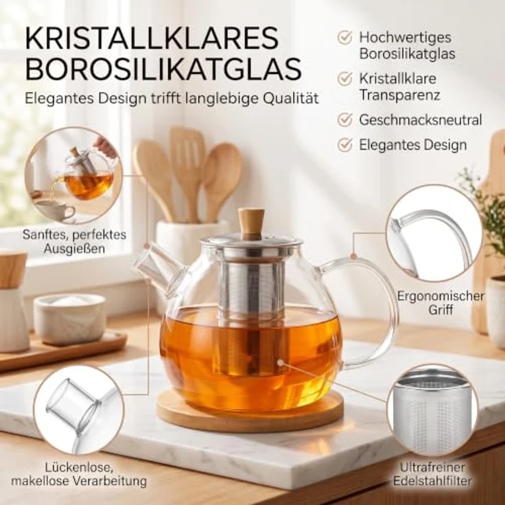 hausleben Teekanne Glas mit Edelstahl-Sieb Untertelle 1,5 Liter, (1-St), Bambus Unterteller Tropffrei, Hitzebeständig, Spülmaschinenfest – Bild 3
